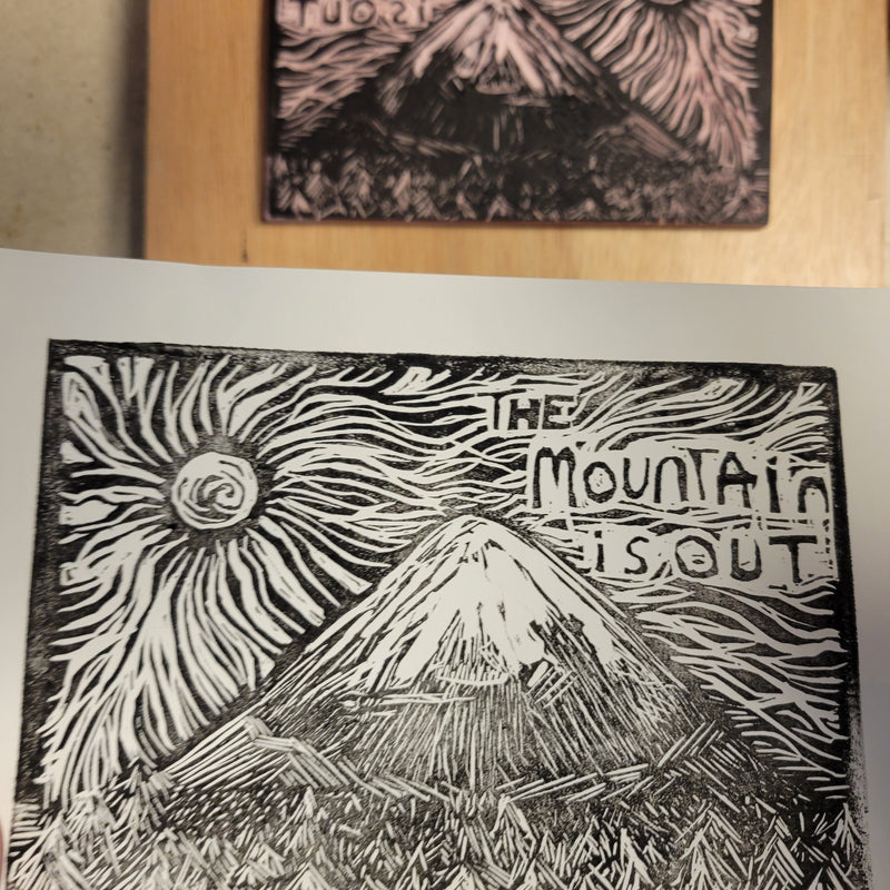 The Mountain is Out - Linoleum Block Print