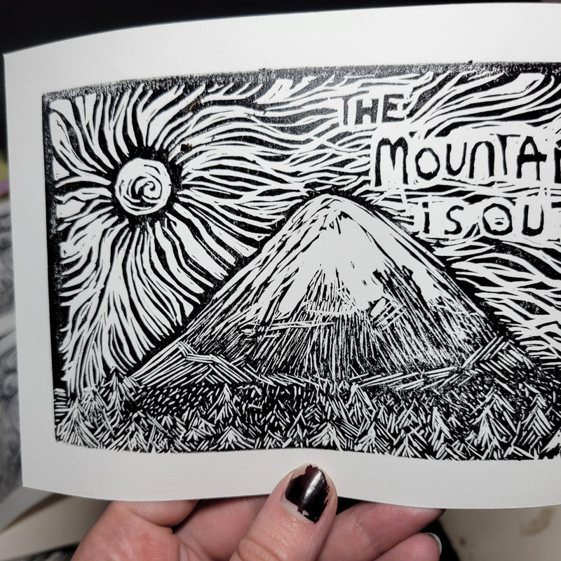 The Mountain is Out - Linoleum Block Print
