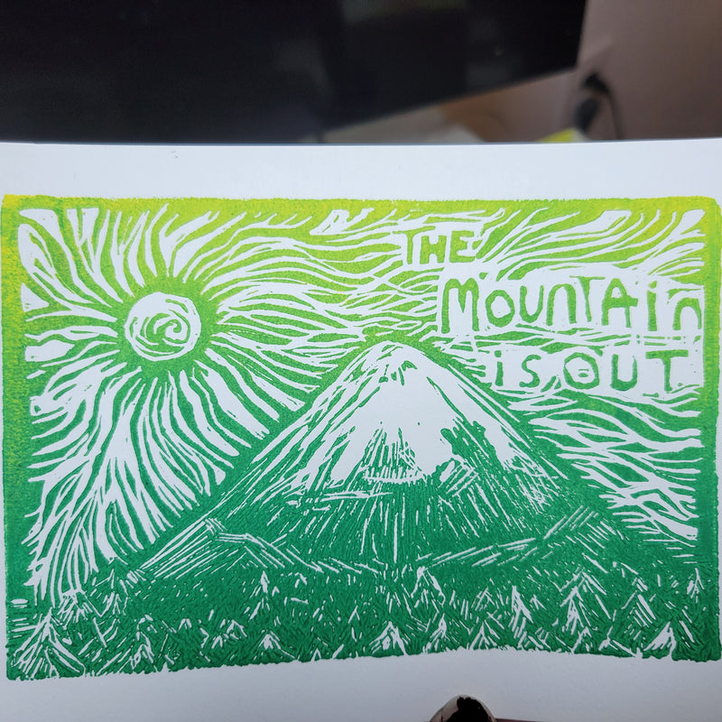 The Mountain is Out - Linoleum Block Print