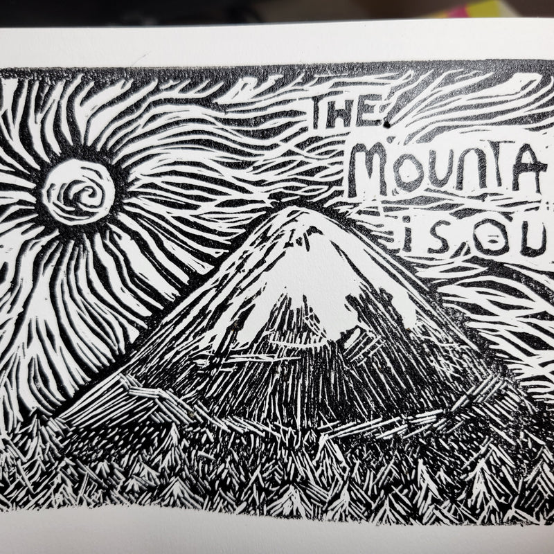 The Mountain is Out - Linoleum Block Print