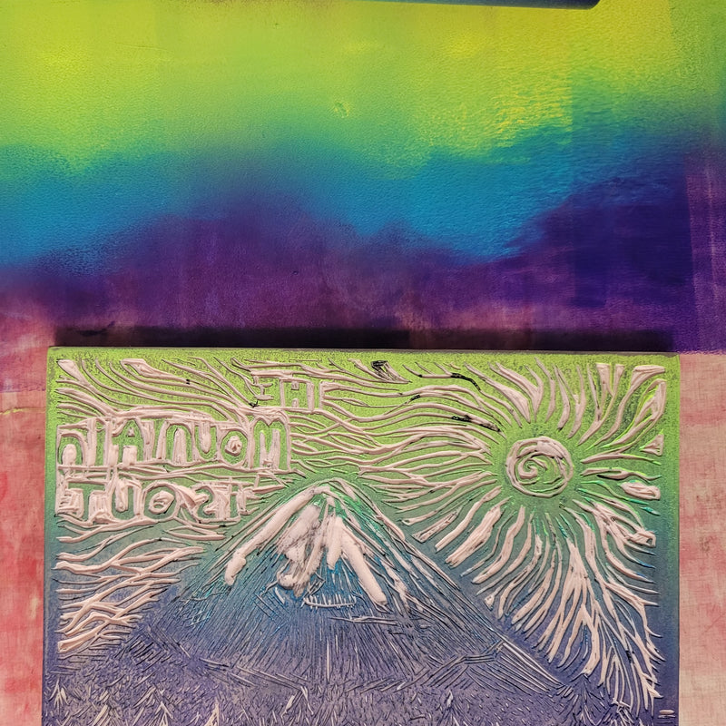 The Mountain is Out - Linoleum Block Print