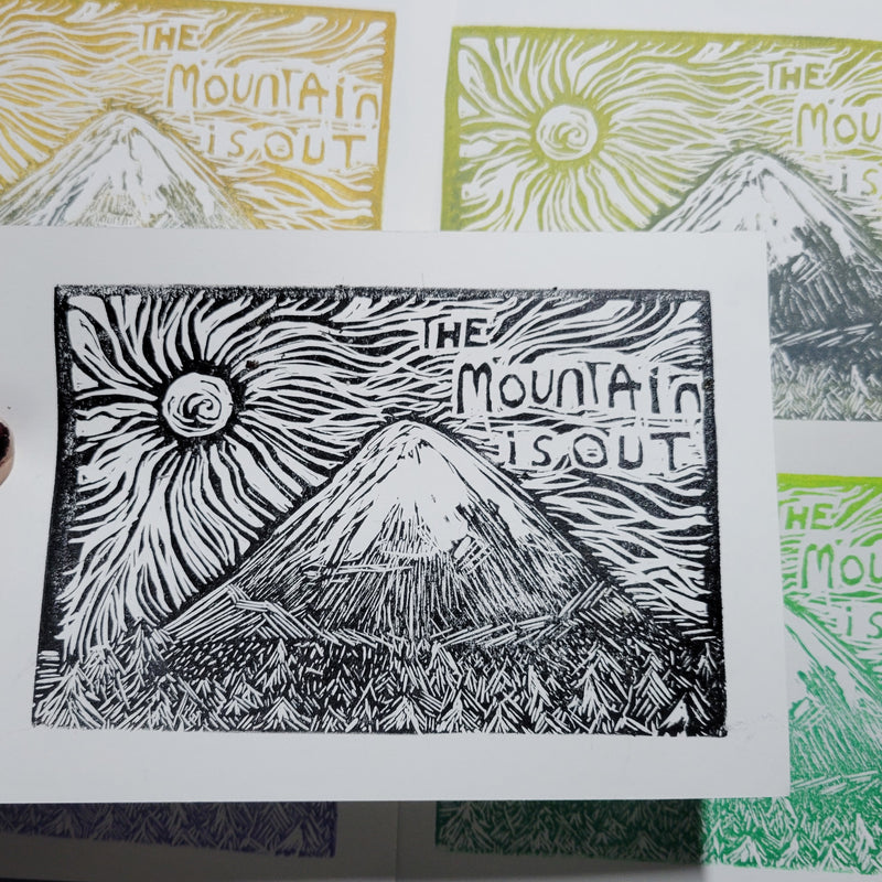 The Mountain is Out - Linoleum Block Print