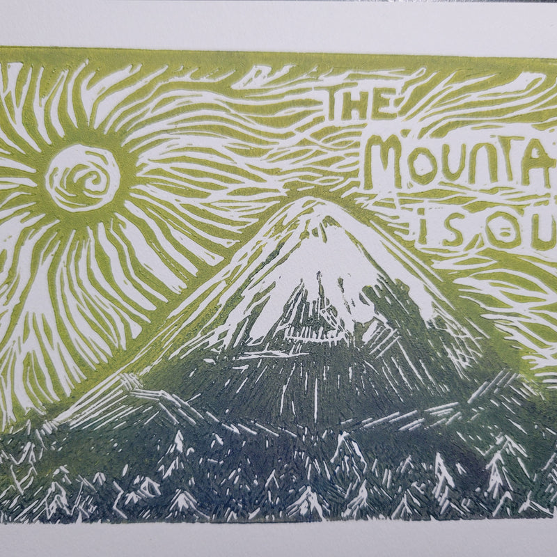 The Mountain is Out - Linoleum Block Print