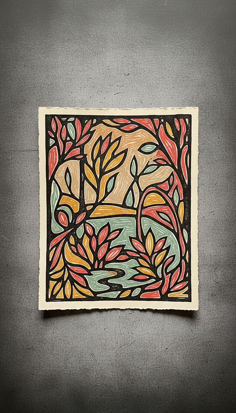 Hand-Pulled Linocut Artwork With Raw Edges