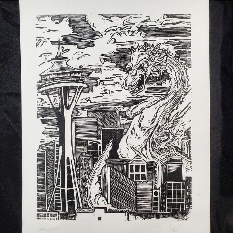 Kaiju Dragon in Seattle - Linoleum Block Print