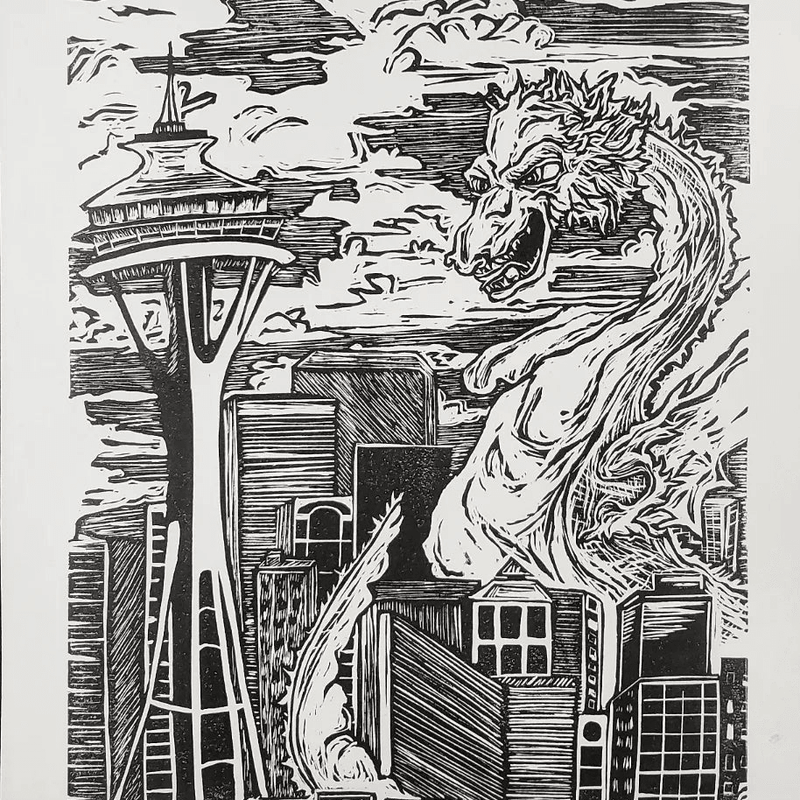 Kaiju Dragon in Seattle - Linoleum Block Print
