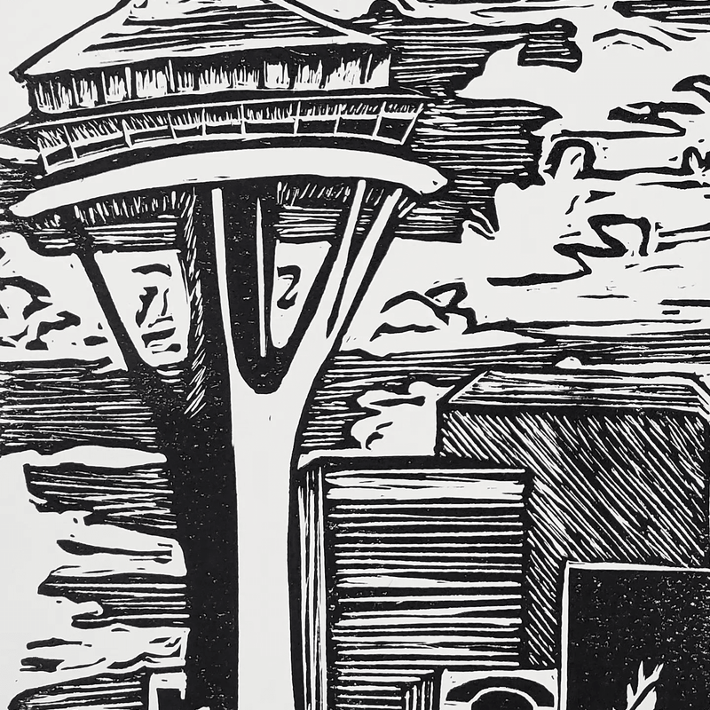 Kaiju Dragon in Seattle - Linoleum Block Print