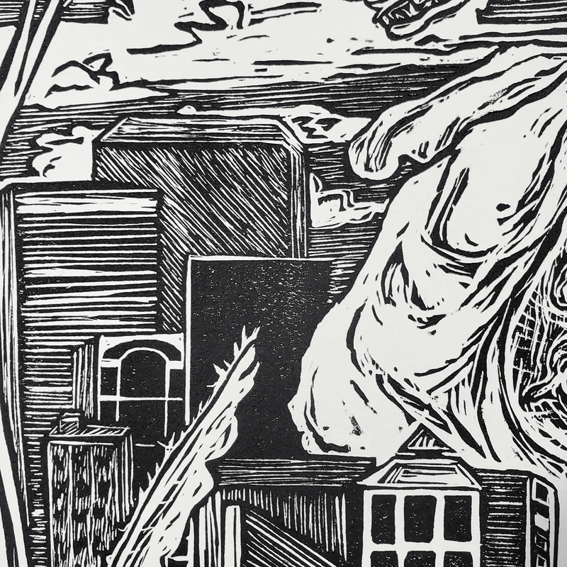 Kaiju Dragon in Seattle - Linoleum Block Print