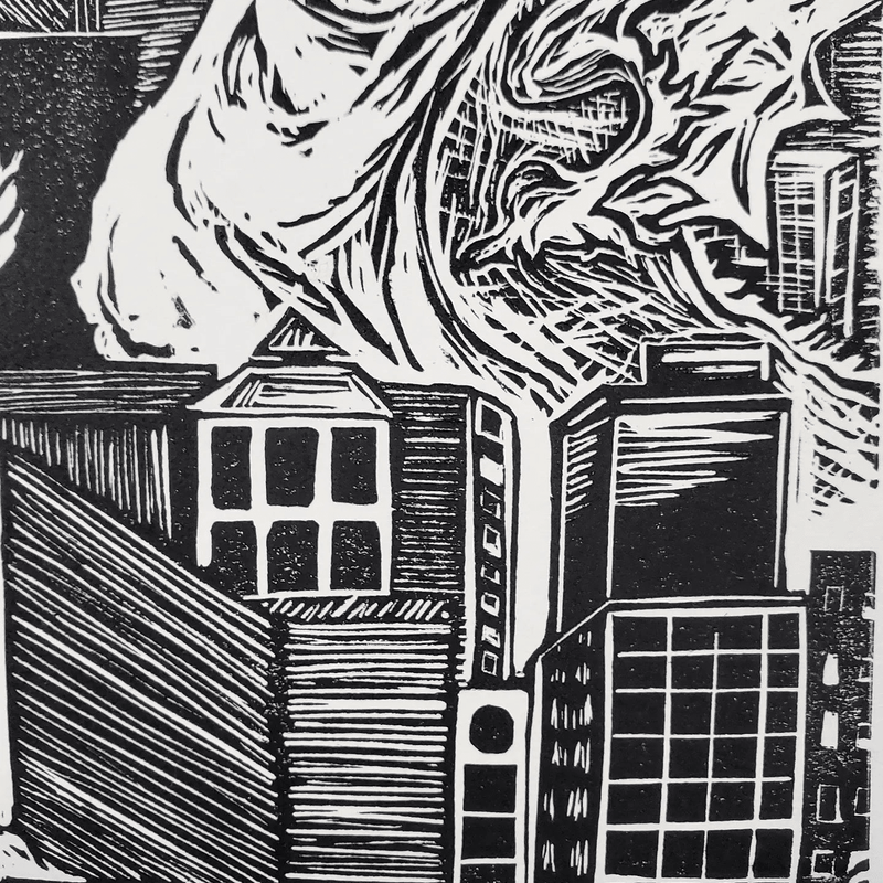 Kaiju Dragon in Seattle - Linoleum Block Print