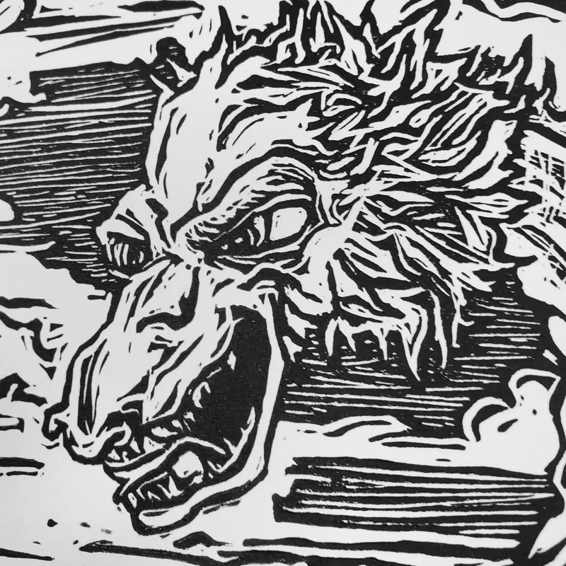 Kaiju Dragon in Seattle - Linoleum Block Print