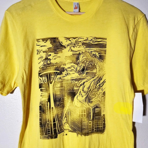 Kaiju Dragon in Seattle - Hand Printed - American Apparel T-Shirt (Adult Small)