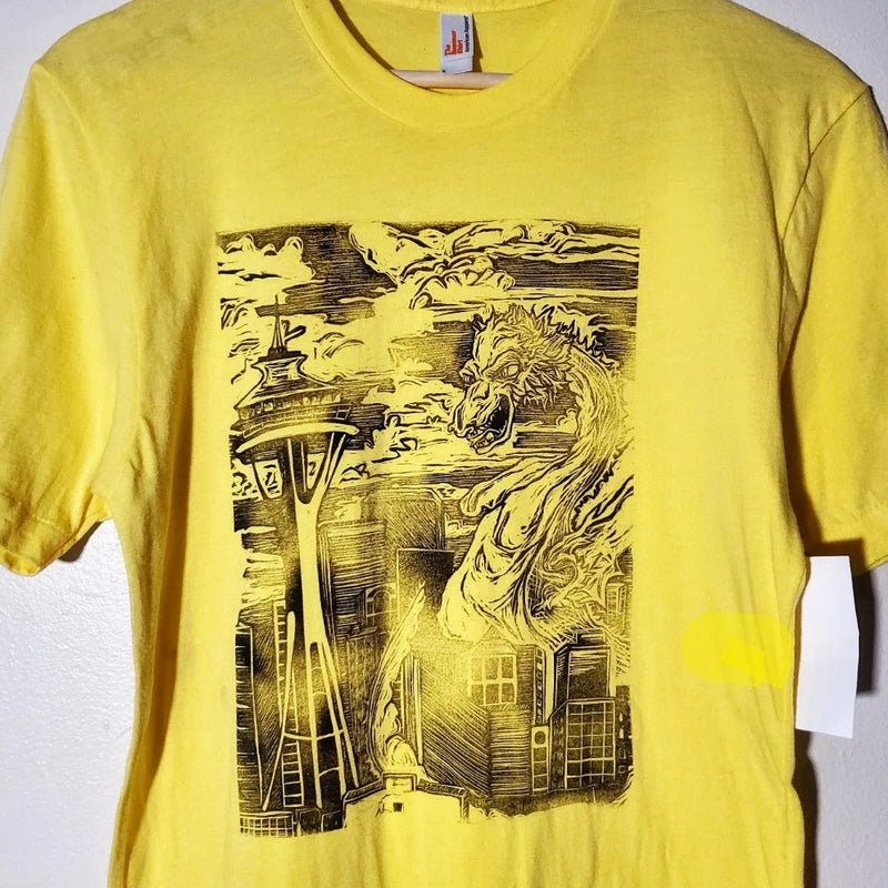 Kaiju Dragon in Seattle - Hand Printed - American Apparel T-Shirt (Adult Small)