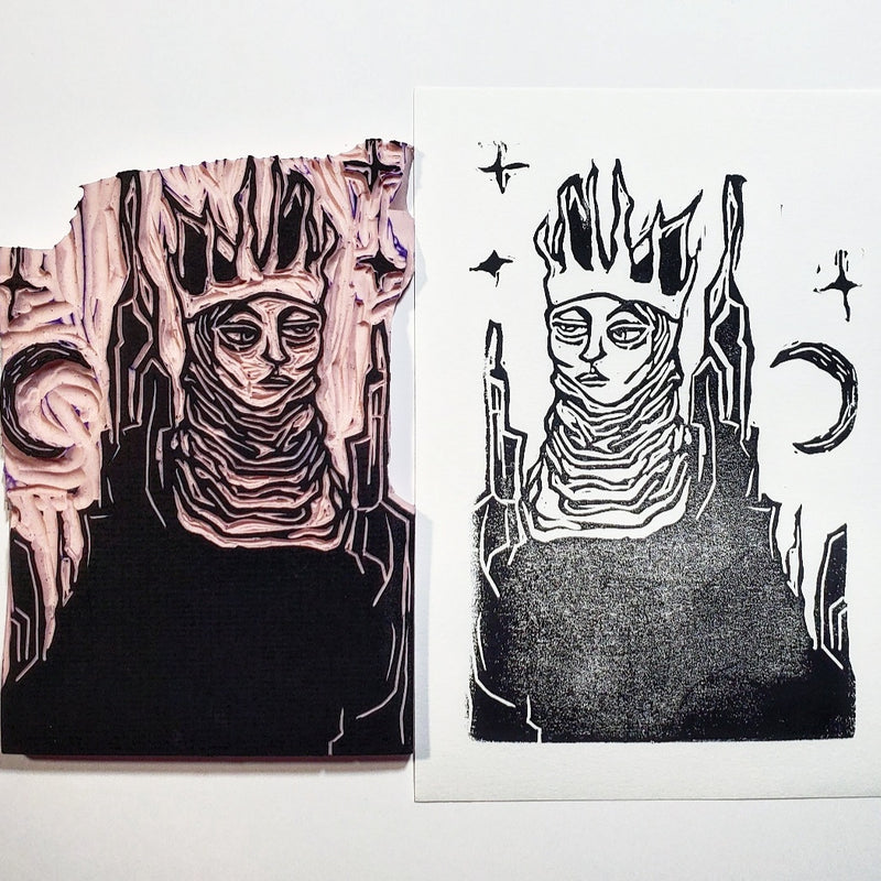 Queen of Cats - Linoleum Block Print