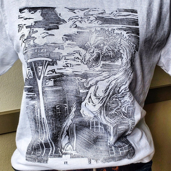 Kaiju Dragon in Seattle - Hand Printed - Gildan T-Shirt (Adult S, M, L, XL)