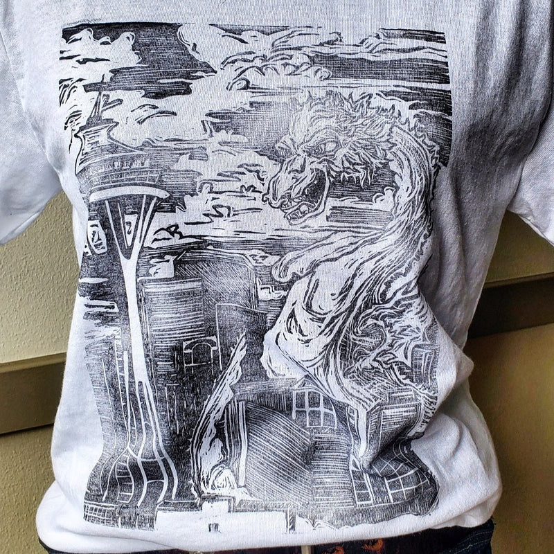 Kaiju Dragon in Seattle - Hand Printed - Gildan T-Shirt (Adult S, M, L, XL)