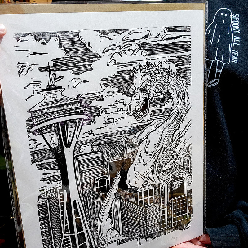 Kaiju Dragon in Seattle - Linoleum Block Print